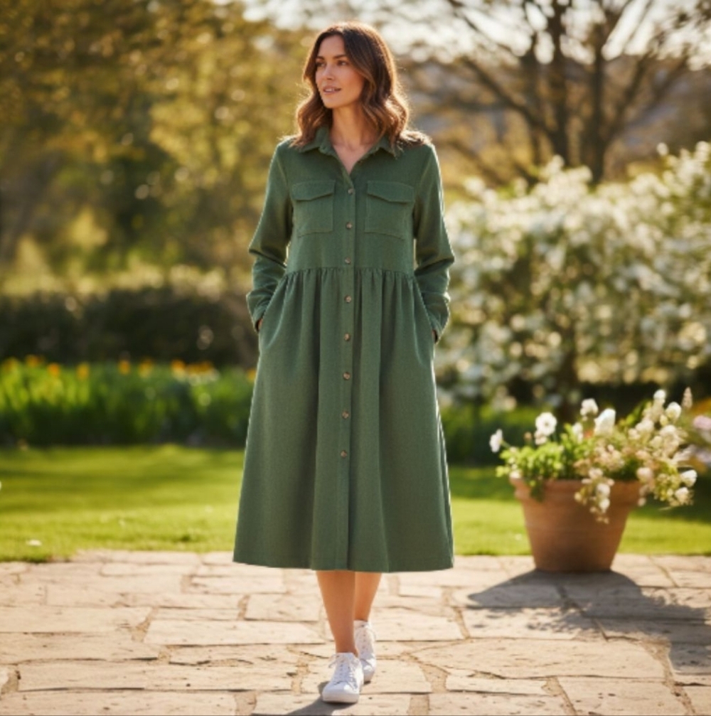 OFFON Green corduroy long sleeve Peter Pan dress